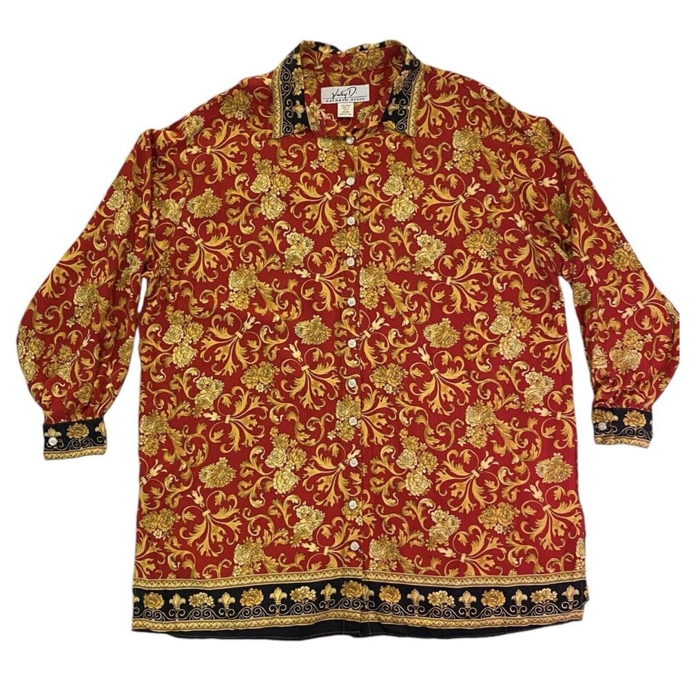 VTG Kathryn Deene Blouse Womens 14/16 Red Gold Baroque Scroll Button Front Rayon